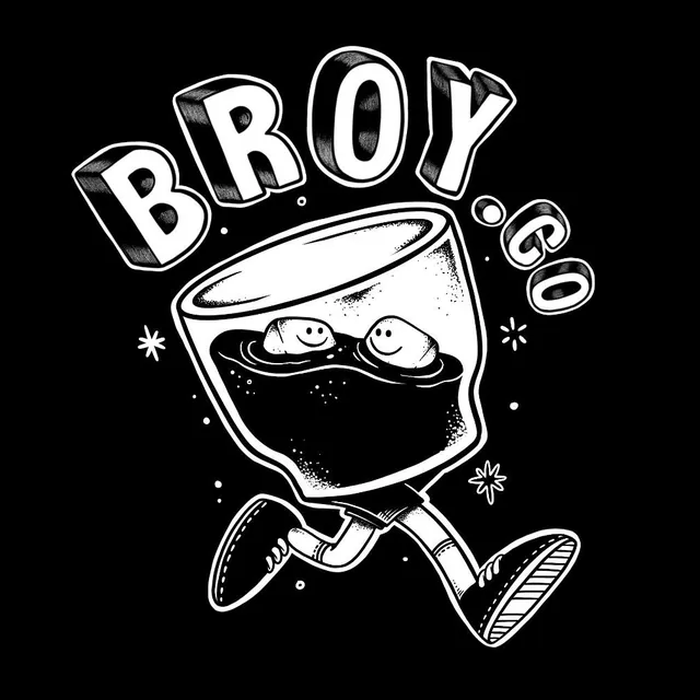 Logo Broy.Co: gelas kopi berkaki dengan es batu tersenyum, sedang berlari